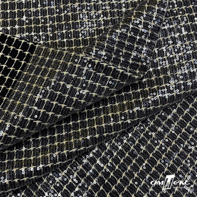 Ткань костюмная с пайетками, 100%полиэстр, 460+/-10 гр/м2, 150см #309 - цв. чёрный - купить в Орске. Цена 1 203.93 руб.